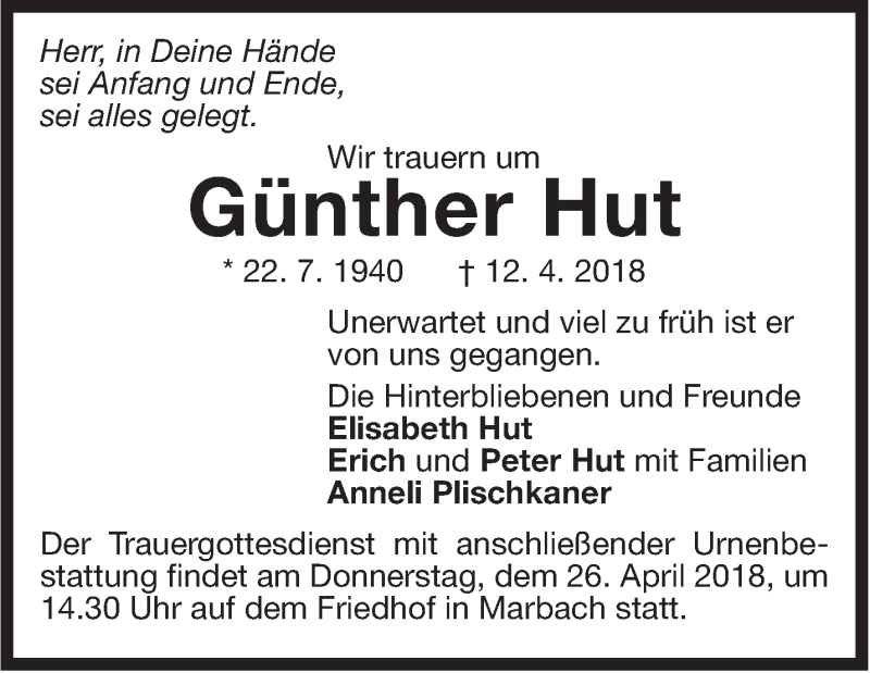  Traueranzeige für Günther Hut vom 20.04.2018 aus Marbacher Zeitung