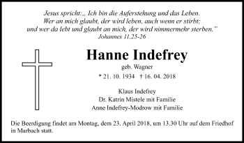 Traueranzeige von Hanne Indefrey von Marbacher Zeitung