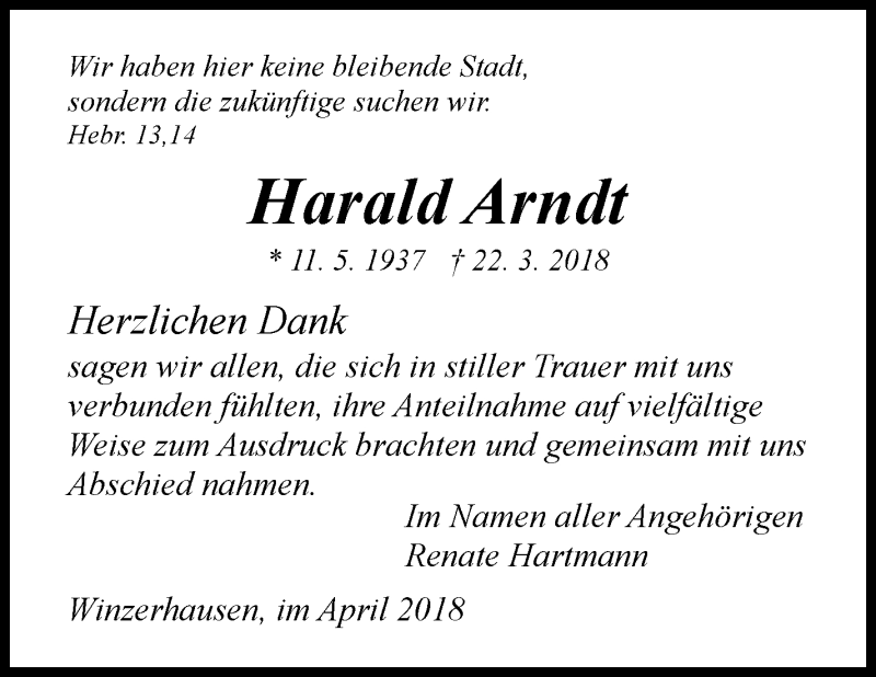  Traueranzeige für Harald Arndt vom 18.04.2018 aus Marbacher Zeitung