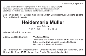 Traueranzeige von Heidemarie Müller von Marbacher Zeitung