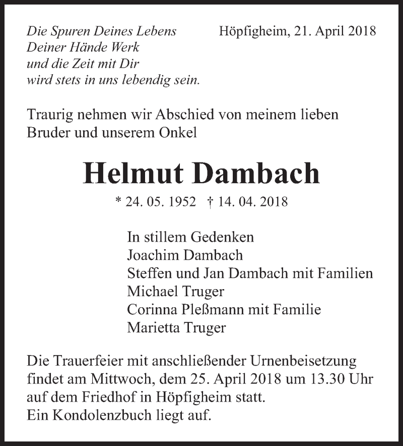  Traueranzeige für Helmut Dambach vom 21.04.2018 aus Marbacher Zeitung