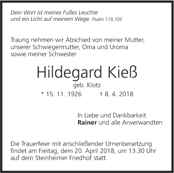 Traueranzeige von Hildegard Kieß von Marbacher Zeitung