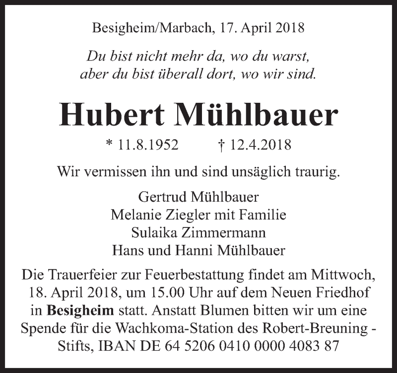  Traueranzeige für Hubert Mühlbauer vom 17.04.2018 aus Marbacher Zeitung