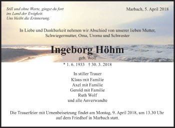 Traueranzeige von Ingeborg Hoehm von Marbacher Zeitung