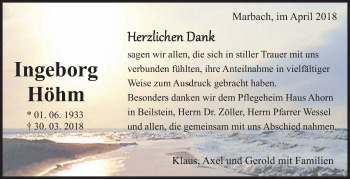 Traueranzeige von Ingeborg Höhm von Marbacher Zeitung