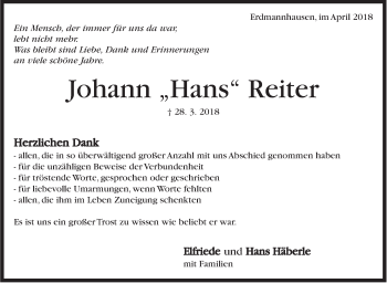 Traueranzeige von Johann Reiter von Marbacher Zeitung