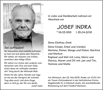 Traueranzeige von Josef Indra von Marbacher Zeitung
