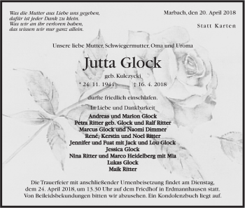Traueranzeige von Jutta Glock von Marbacher Zeitung