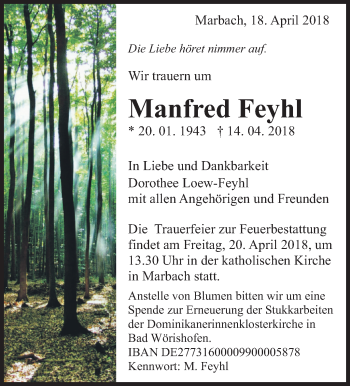 Traueranzeige von Manfred Feyhl von Marbacher Zeitung