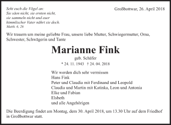 Traueranzeige von Marianne Fink von Marbacher Zeitung