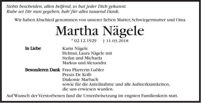  Traueranzeige für Martha Nägele vom 05.04.2018 aus Marbacher Zeitung
