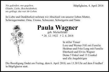 Traueranzeige von Paula Wagner von Marbacher Zeitung