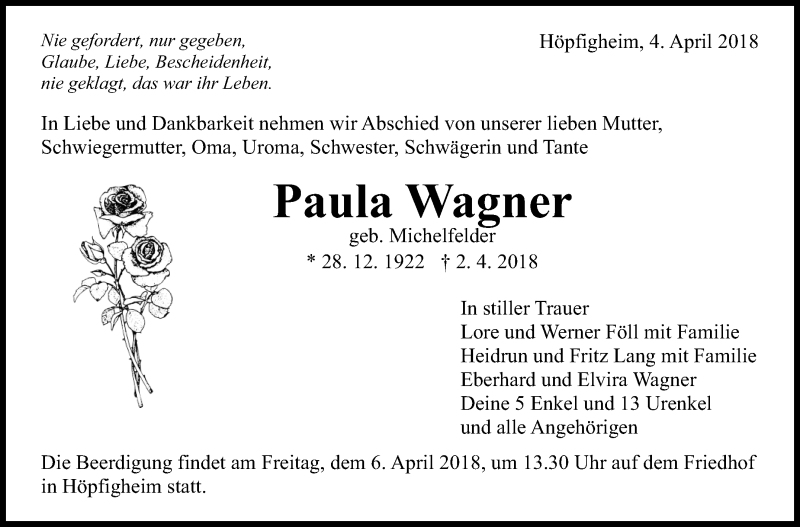  Traueranzeige für Paula Wagner vom 04.04.2018 aus Marbacher Zeitung