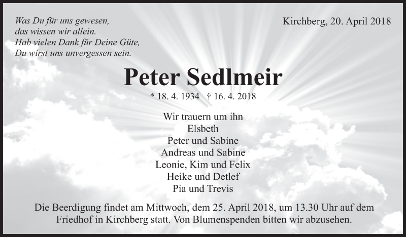  Traueranzeige für Peter Sedlmeir vom 20.04.2018 aus Marbacher Zeitung