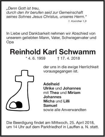 Traueranzeige von Reinhold Karl Schwamm von Marbacher Zeitung