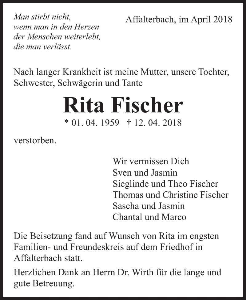  Traueranzeige für Rita Fischer vom 24.04.2018 aus Marbacher Zeitung