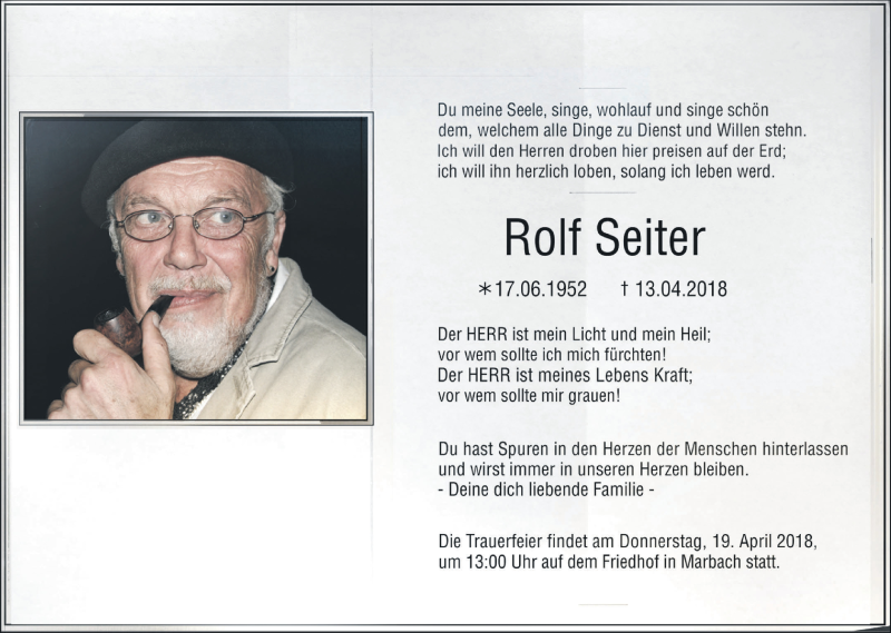  Traueranzeige für Rolf Seiter vom 16.04.2018 aus Marbacher Zeitung