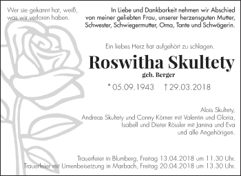 Traueranzeige von Roswitha Skultety von Marbacher Zeitung