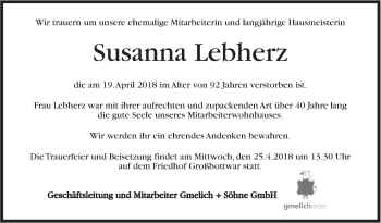 Traueranzeige von Susanna Lebherz von Marbacher Zeitung