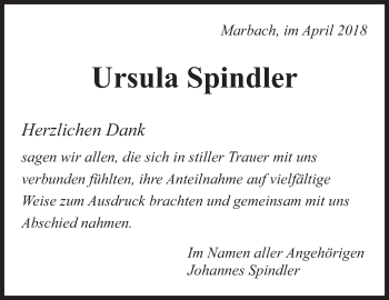 Traueranzeige von Ursula Spindler von Marbacher Zeitung