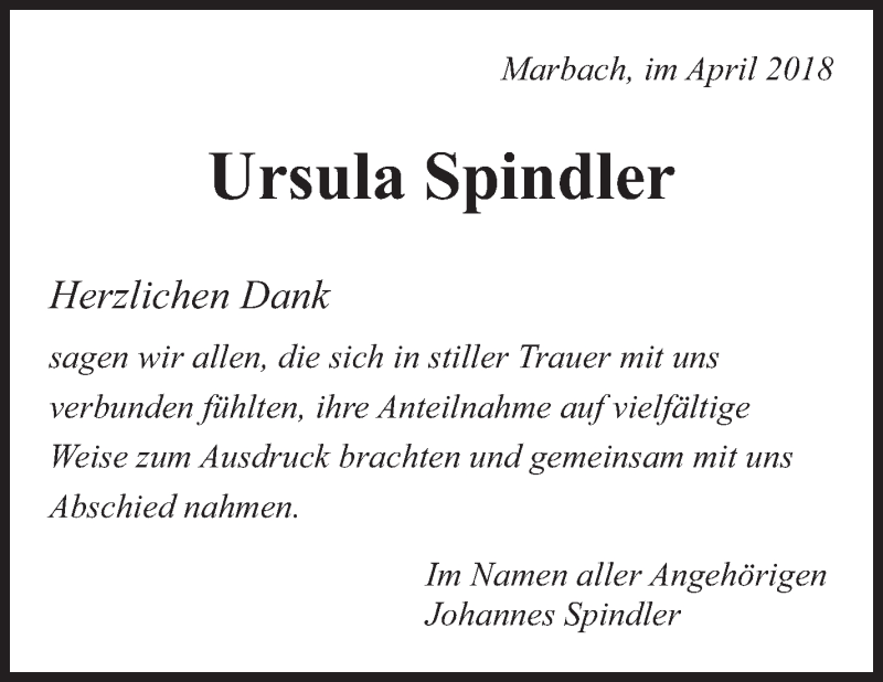  Traueranzeige für Ursula Spindler vom 26.04.2018 aus Marbacher Zeitung