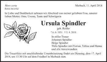 Traueranzeige von Ursula Spindler von Marbacher Zeitung