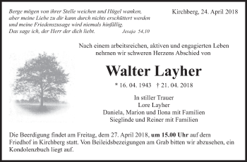 Traueranzeige von Walter Layher von Marbacher Zeitung