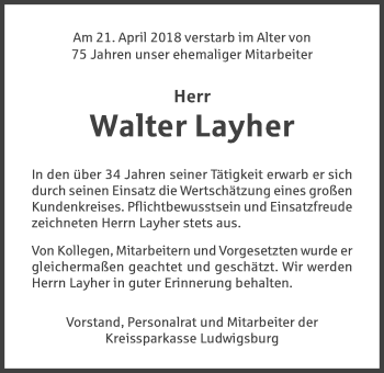 Traueranzeige von Walter Layher von Marbacher Zeitung