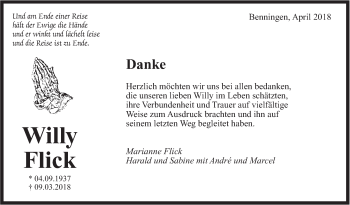 Traueranzeige von Willy Flick von Marbacher Zeitung