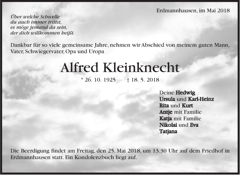  Traueranzeige für Alfred Kleinknecht vom 23.05.2018 aus Marbacher Zeitung