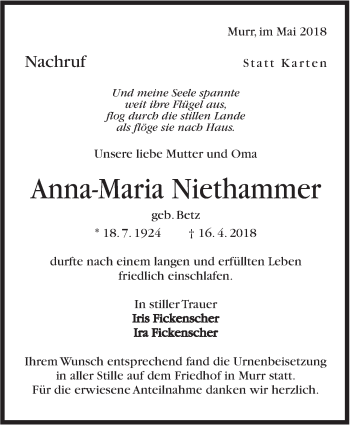 Traueranzeige von Anna-Maria Niethammer von Marbacher Zeitung