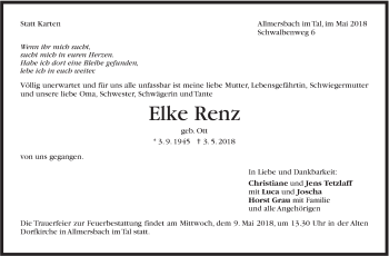 Traueranzeige von Elke Renz von Marbacher Zeitung
