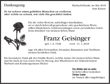 Traueranzeige von Franz Geisinger von Marbacher Zeitung