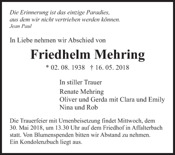 Traueranzeige von Friedhelm Mehring von Marbacher Zeitung