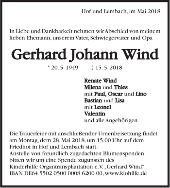 Traueranzeige von Gerhard Johann Wind von Marbacher Zeitung