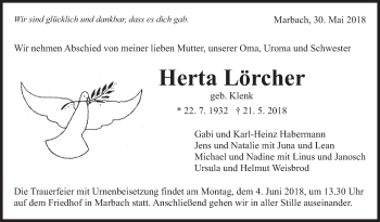 Traueranzeige von Herta Lörcher von Marbacher Zeitung