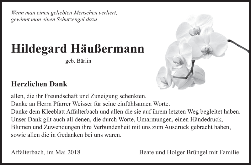  Traueranzeige für Hildegard Häußermann vom 23.05.2018 aus Marbacher Zeitung