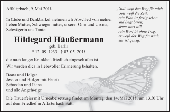 Traueranzeige von Hildegard Häußermann von Marbacher Zeitung
