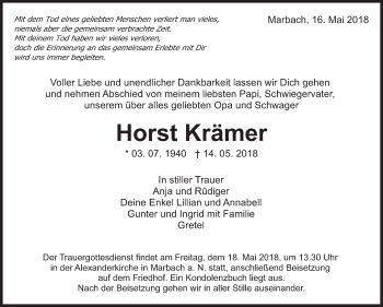 Traueranzeige von Horst Krämer von Marbacher Zeitung
