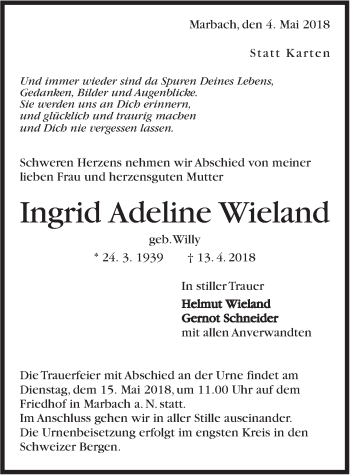 Traueranzeige von Ingrid Adeline Wieland von Marbacher Zeitung