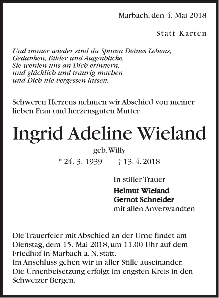  Traueranzeige für Ingrid Adeline Wieland vom 04.05.2018 aus Marbacher Zeitung