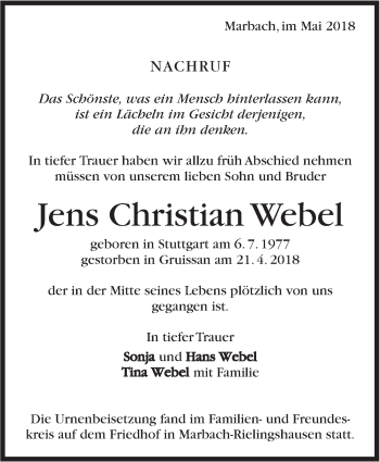 Traueranzeige von Jens Christian Webel von Marbacher Zeitung