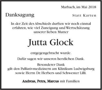 Traueranzeige von Jutta Glock von Marbacher Zeitung