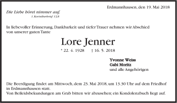 Traueranzeige von Lore Jenner von Marbacher Zeitung
