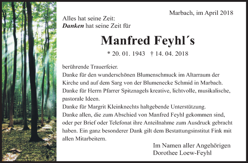  Traueranzeige für Manfred Feyhl vom 02.05.2018 aus Marbacher Zeitung