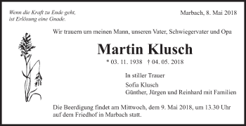 Traueranzeige von Martin Klusch von Marbacher Zeitung