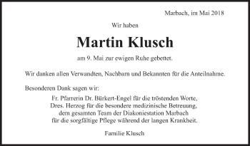 Traueranzeige von Martin Klusch von Marbacher Zeitung