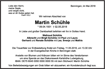 Traueranzeige von Martin Schühle von Marbacher Zeitung