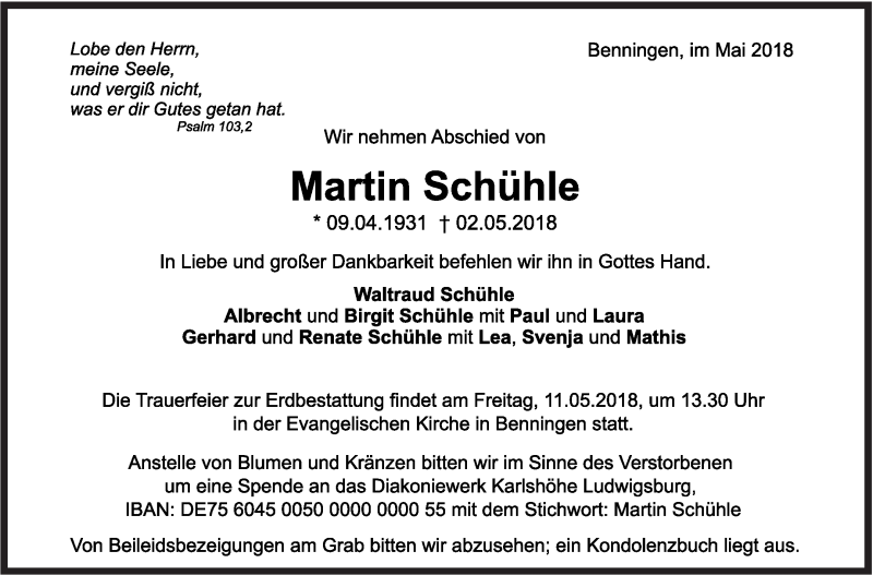  Traueranzeige für Martin Schühle vom 08.05.2018 aus Marbacher Zeitung