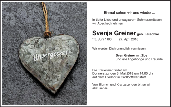 Traueranzeige von Svenja Greiner von Marbacher Zeitung